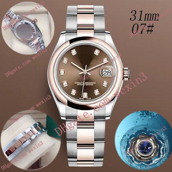 

deluxe woman watch 31mm mechanical automatic diamond yster band fluted bezel montre de luxe 2813 steel waterproof watches, Slivery;brown