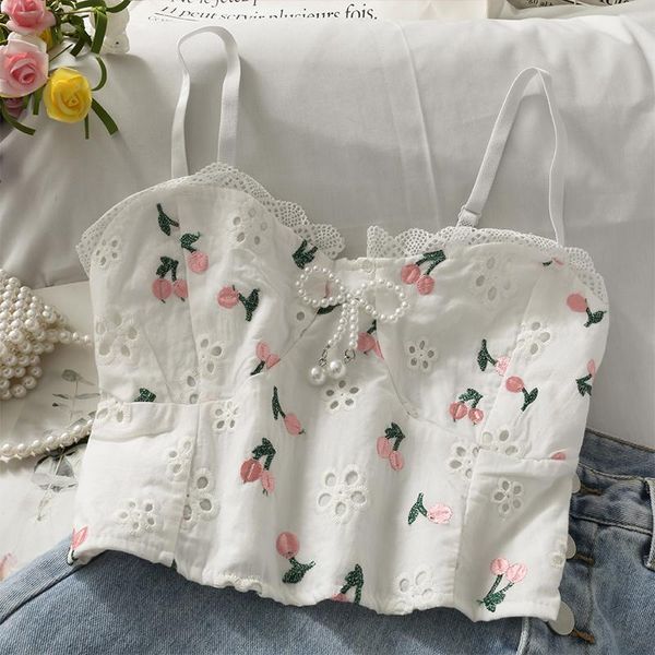 

women's tanks & camis vintage corset crop women bustier floral embroidery lace tank girls sweet fairy grunge fairycore camisole cam, White