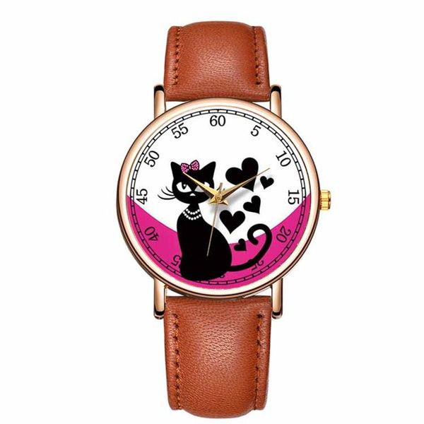 

wristwatches fashion women's watches black cat pattern dial watch ladies quartz wristwatch round analog clock student girls reloj de mu, Slivery;brown