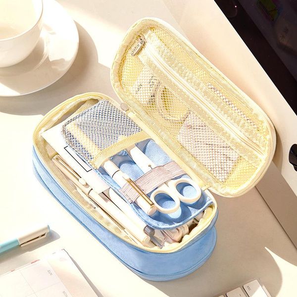 

pencilcase color canvas stretch pencil case double layer large capacity box cute pencilbag kids school stationery bags