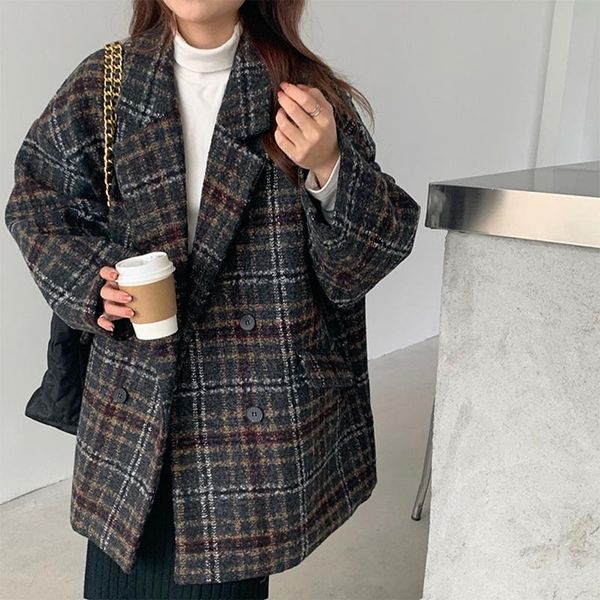 

women's wool & blends plaid woolen jacket women fall winter korean double breasted loose oversized outerwear suit coat female casual, Black