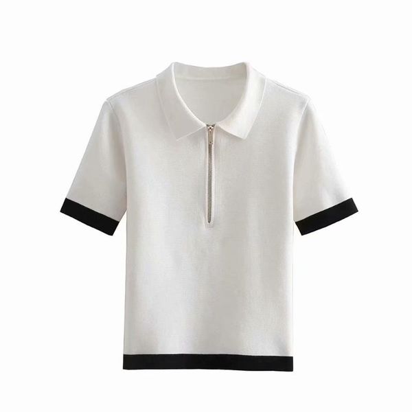 

women's t-shirt 2021 spring and summer styles contrast color zipper short-sleeved collar sweaters, White