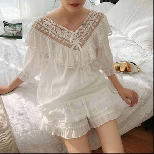 

summer soft cotton pajamas womens sleepwears sets white lace shorts vintage long sleeve sleepwear autumn nightwear home clothes, Black;red