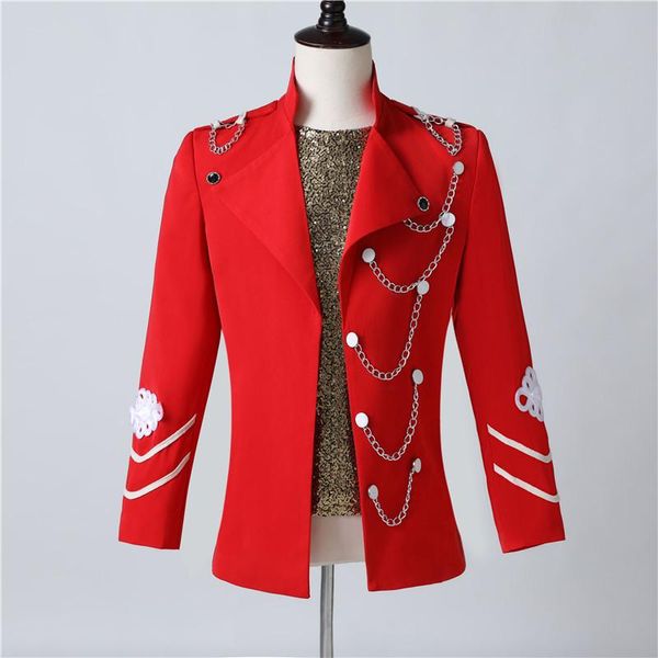 

men's suits & blazers s-4xl male red court coat with chain personality slim stage costume singer bar nightclub wear vintage jacket, White;black