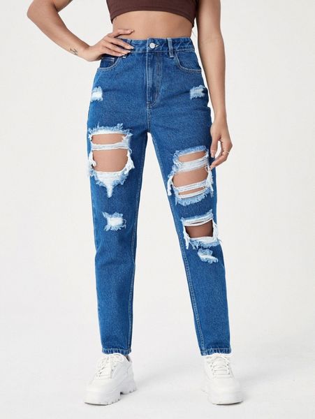 

high waisted ripped mom fit jeans u3ri#, Blue