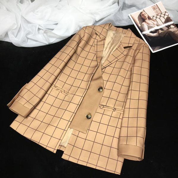 

[ewq] autumn 2021 women's suit notched neck placket fake two pieces retro plaid blazer coat sweet ladies jacket qb228 suits & blazers, White;black