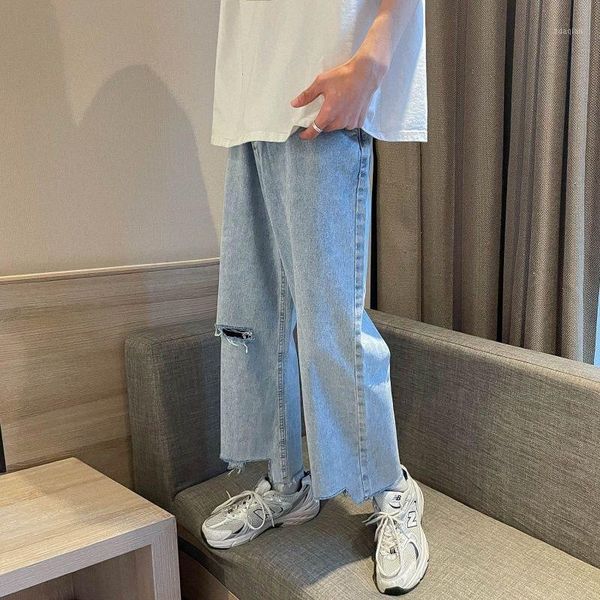 

men's jeans ripped irregular edges washed denim trousers thin high street straight wide-leg cropped loose hiphop clothes, Blue