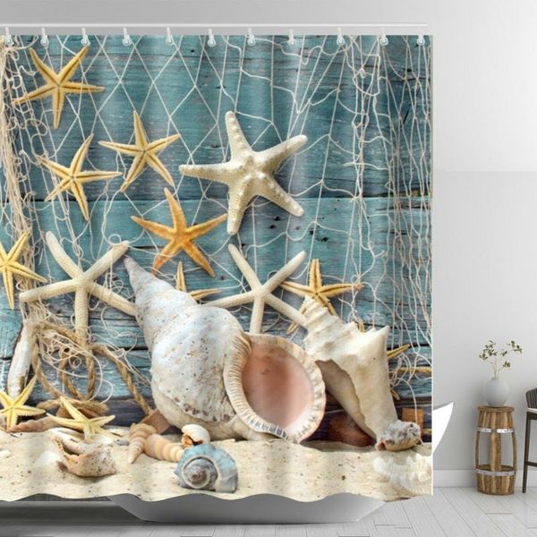 

seashell beach shower curtain starfish conch waterproof fabric set 72 inch curtains