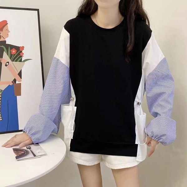 

women's hoodies & sweatshirts autumn 2021 fashion casual womens hoodie stripe splicing round neck loose drawstring pullover long sleeve, Black