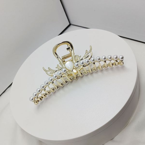 

hair jewelry catch clip pearl hairpin alloy elk shark headdress, Golden;white