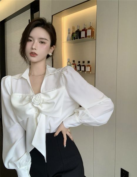 

2021 autumn niche design chic bow camellia white shirt women's, Black;gray