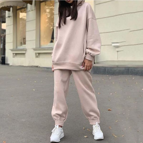 

ladies solid color hooded sweater+wide leg trousers two-piece set winter office commuter plus cashmere casual sports suit women's two p, White