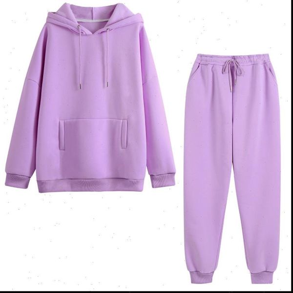 

autumn hoodies two piece women tracksuits set solid fleece oversized winter thick warm hooded sweatshirt jogger pants suit, Gray