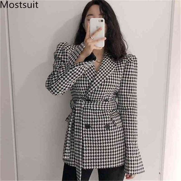 

houndstooth korean belt woolen coats jackets women puff sleeve notched collar double-breasted elegant vintage female outwear 210513, Black;brown