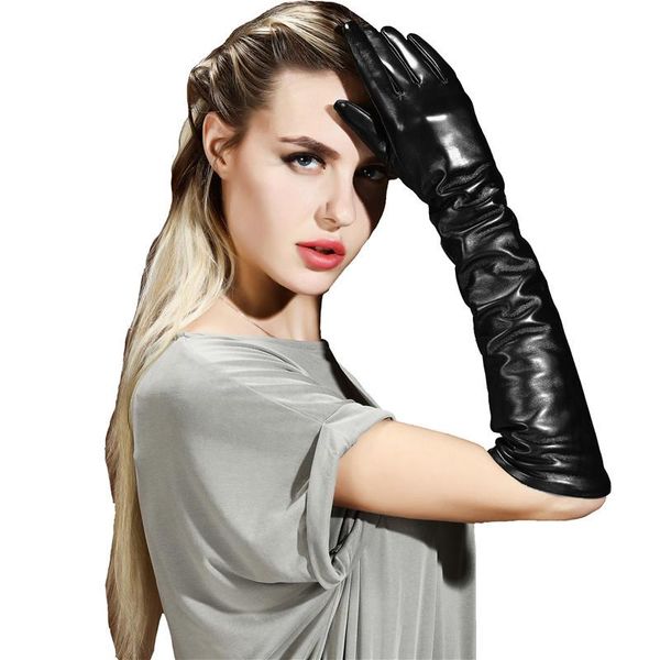 

sports gloves fashion black 50cm long lambskin genuine leather women breathable winter sheepskin screen touch glove for driving