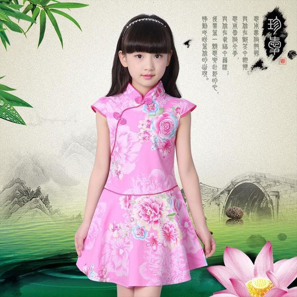 

baby girls summer kids for girl dress chinese cheongsam flower children traditional garments, Red;yellow