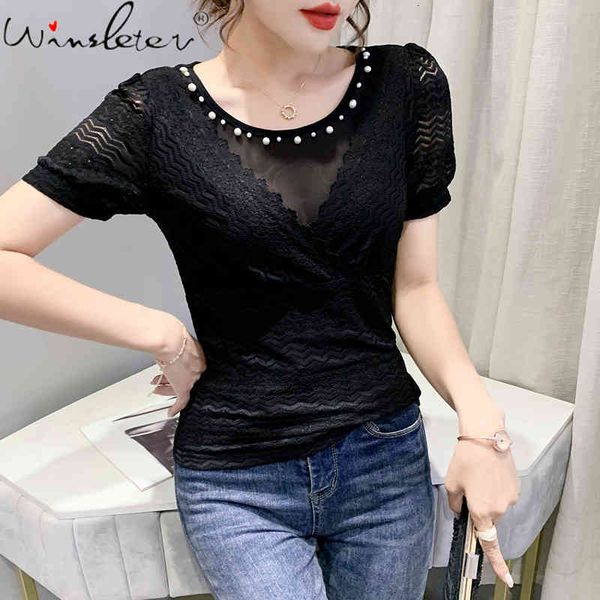

women's t-shirt summer korean style lace fashion patchwork mesh beads women short sleeve bottoming shirt tees 2021 t1470, White