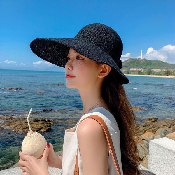 

wide brim hats women sunhat women's fashion conciseness rollable drafting hat sun beach with bow #p2, Blue;gray