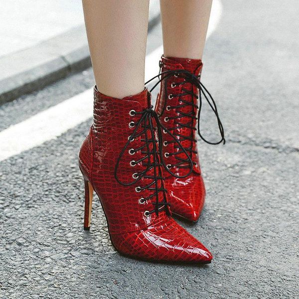 

boots black red white faux leather women ankle pointed toe side zipper ladies thin high heel women's shoes plus size 34-45