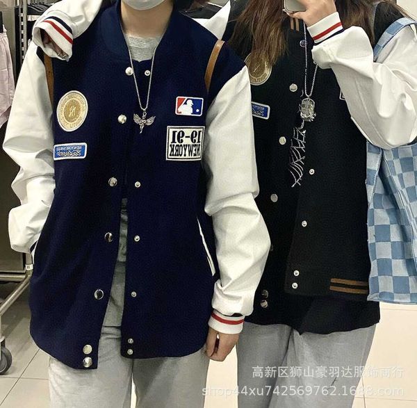

mlb ny medal series autumn tweed simple color blocking baseball uniform, thickness is very suitable for season change, Black