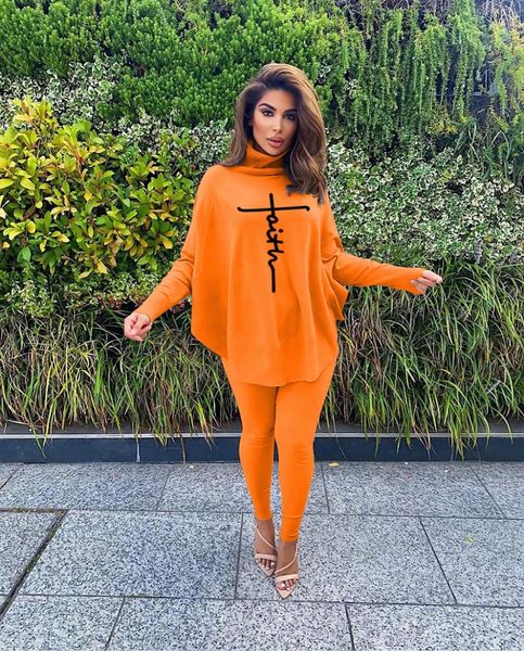 

women's two piece pants autumn set women fashion high-neck long-sleeved letter printing tshirt trousers suit casual, White