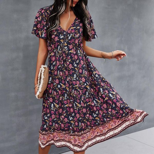 

ethnic clothing spring and summer dresses woman's v-collar printed belt long-style short-sleeved dress bohemian vintage office lady boh, Red