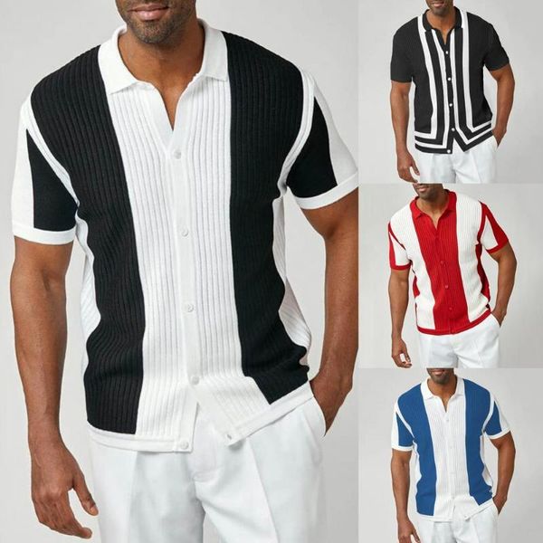 

men's casual shirts 2021 men turn-down collar shirt patchwork buttons ribbing short sleeve breathable knitted streetwear, White;black
