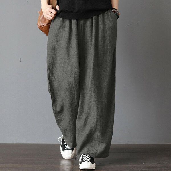 

two-piece suits men's casual loose wide leg pants solid color cotton linen elastic waist bloomers trousers harem beachwear