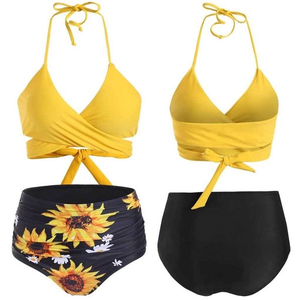

2020 summer new print sunflower chest Cup lace up women' Bikini, Yellow