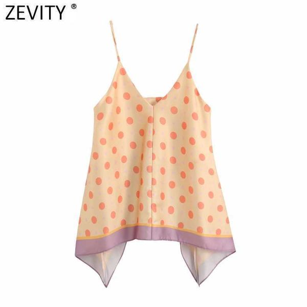 

zevity women spaghetti strap v neck chic smock blouse ladies polka dot printing patchwork roupas femininas shirt ls6986 210603, White