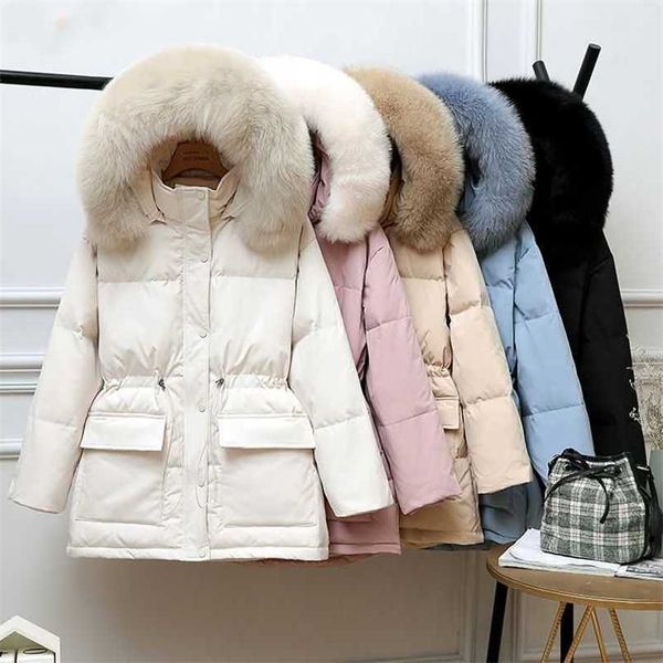 

white duck down coat winter women fashion hooded real fur collar thicken warm feather clothing female parka overcoat 211013, Black