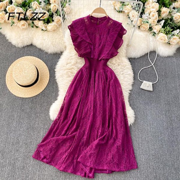 

casual dresses women vintage dress summer sleeveless slim high waist a line lace ladies ruffles elegant party vestidos mujer, Black;gray