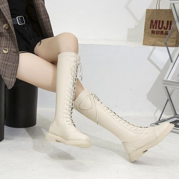 

boots spring autumn women knee high long pu leather fashion lace-up riding black white 6cm square heel platform shoes