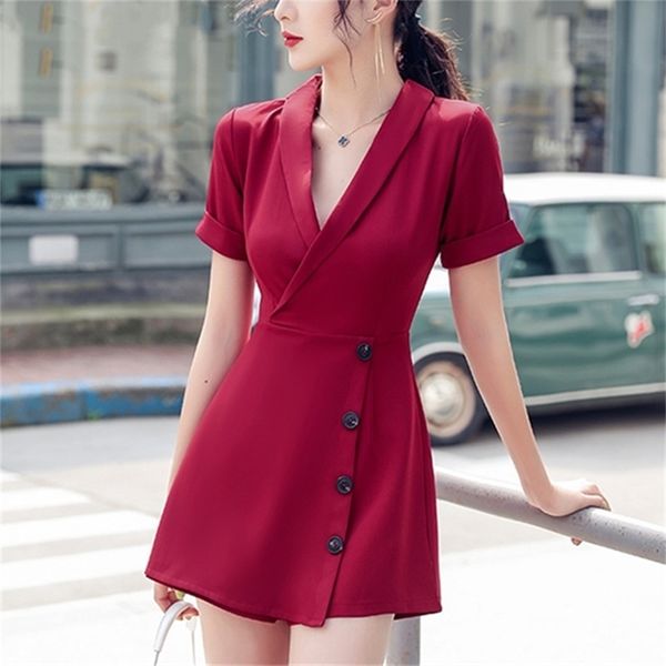 

summer women jumpsuits & rompers elegant formal office ladies v-neck button overalls playsuit shorts js9131 210427, Black;white