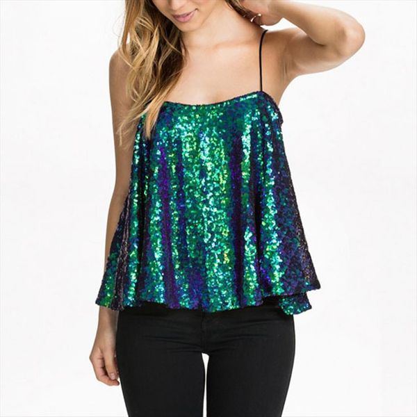 

sequin spaghetti womens cami straps vests clubwear glitter mermaid sequined camisole, White