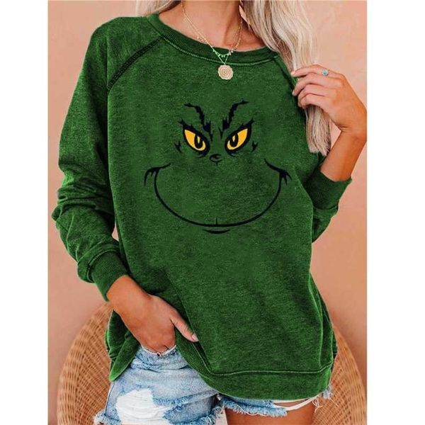 Kış Sonbahar Komik Grinch Baskılı Yuvarlak Boyun kadın Hoodies Uzun Kollu Noel Kazak Moda Rahat Gevşek Kazaklar 211027