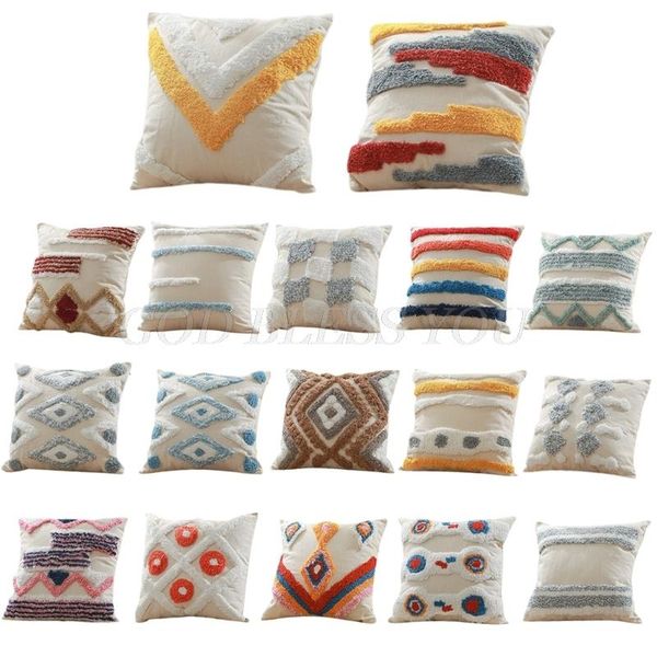 

pillow case cotton convas tufted throw tribal boho handwoven geometric abstract pattern square decorative cushion cover