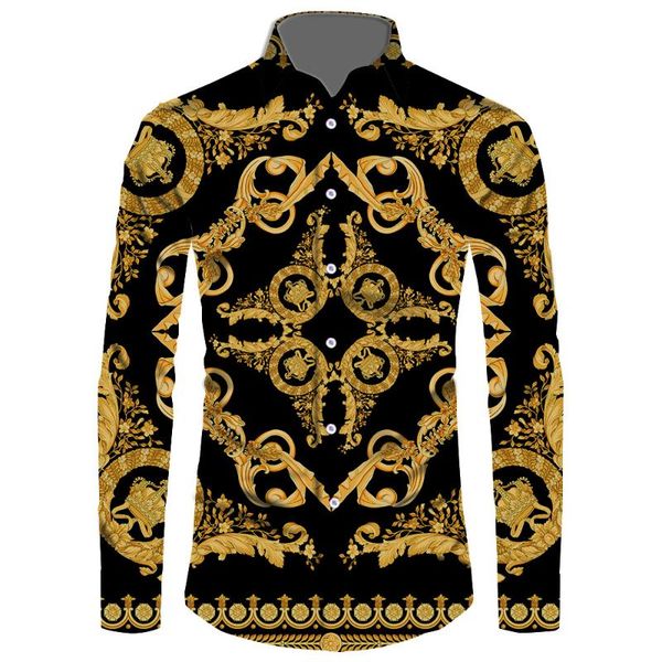 

men's casual shirts luxury black gold long sleeve shirt baroque men business dress prom social print tees, White;black