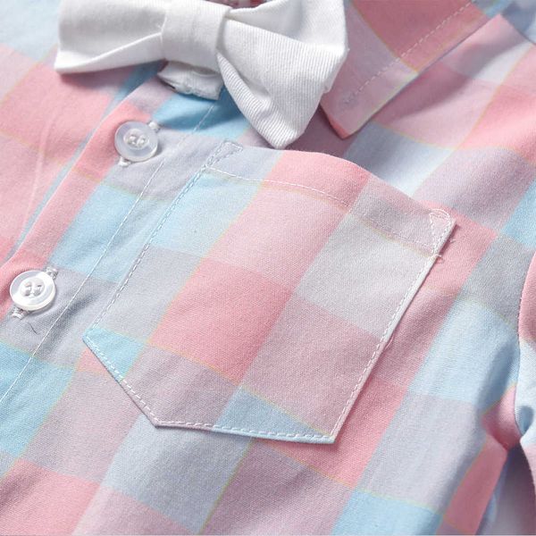 

summer children's plaid bow short sleeve shirt boys' backpack shorts 2-piece baby suit, Blue