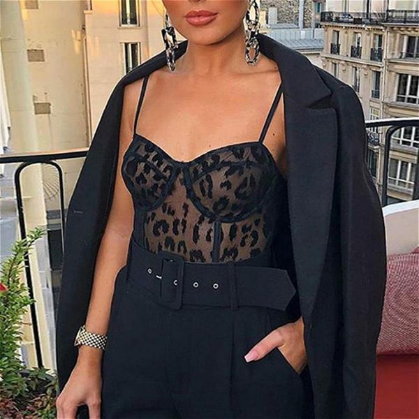 

summer leopard mesh sheer elegant women jumpsuit bodysuit leotard sleeveless bodycon club body femme, Black;white