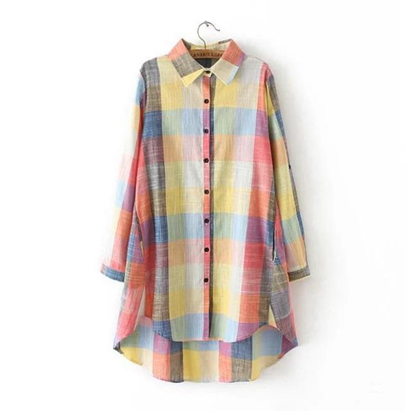 

women cotton and linen blouses long sleeve plus size 3xl casual plaid shirt turn down collar button irregular blusas women's & shirts, White