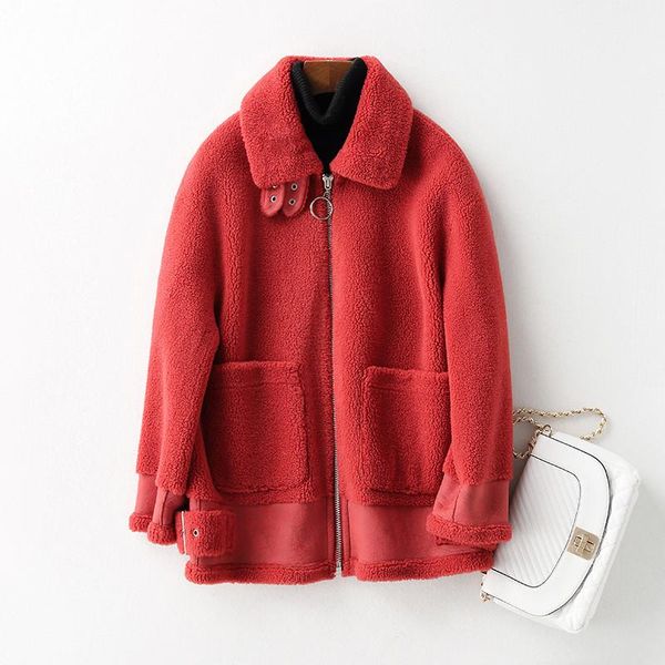 

women's fur & faux autumn and winter large grain sheep shearing coat one australian lamb wool short women, Black