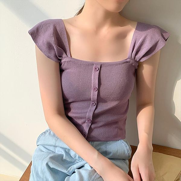

knitted crop button women camis up summer purple square tees, White