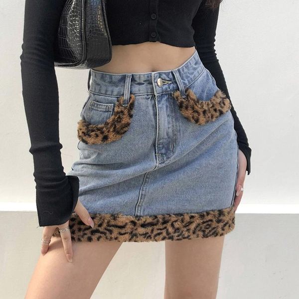 

women high waist a-line denim mini pencil skirt vintage leopard plush patchwork harajuku slim fit package hip with pockets skirts, Black