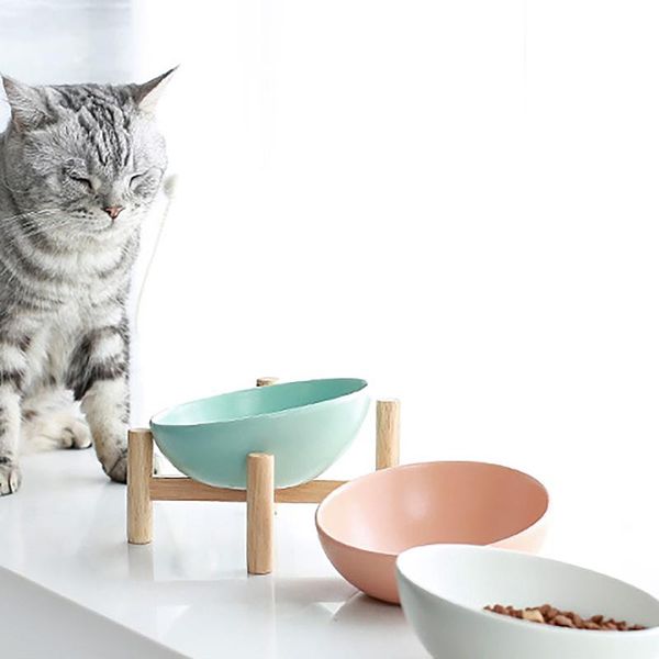 

lotcow - ciotole per gatti multiuso in ceramica, con supporto legno, inclinab cat bowls & feeders