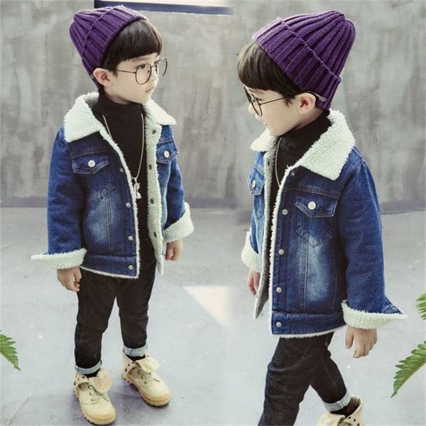

korean classic style kids cashmere coat for boys autumn winter wool toddler fur denim baby warm jacket 211011, Blue;gray