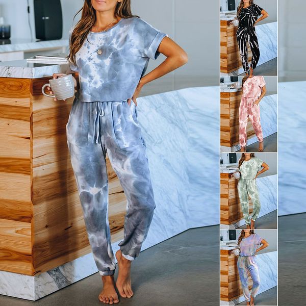 

2021 women's home wear summer tie dye printed pajamas 44005, Black