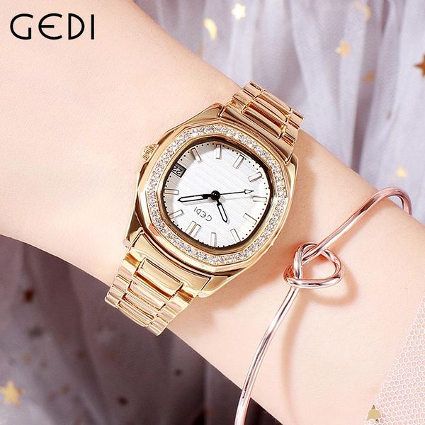 

wristwatches women brand gedi bracelet watches japan quartz stainless steel bling rhinestone female casual with date, Slivery;brown