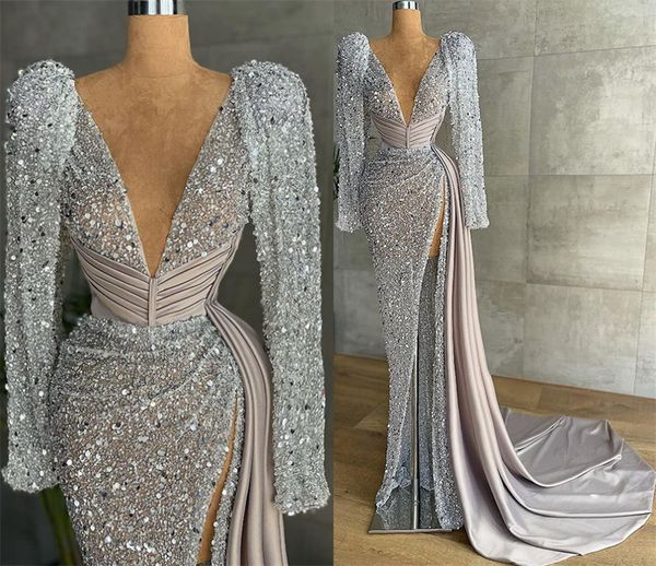 

aso ebi 2021 arabic plus size silver sparkly evening dresses deep v-neck high split prom formal party second reception gowns dress zj305, Black;red