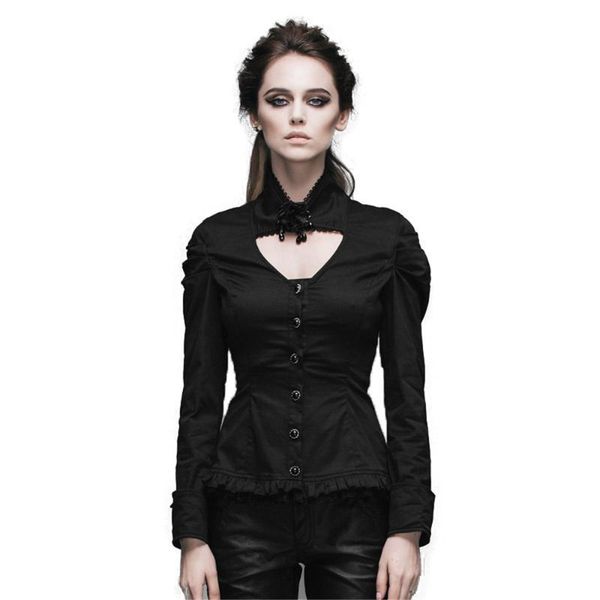 

women's blouses & shirts punk women spring autumn blouse long-sleeved black slim fit high collar casual, White